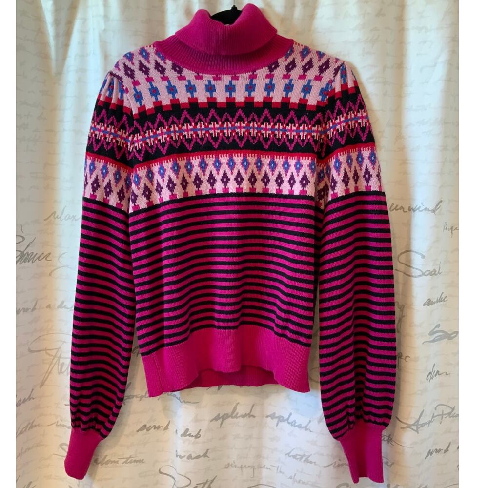 ModCloth NWT Pink Black Fair Isle Turtleneck Sweater Women's XL Cozy Knit